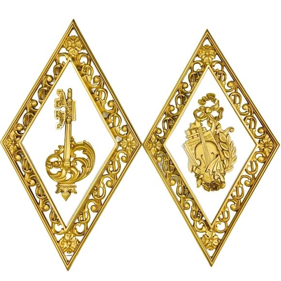 Vintage 70s Hollywood Regency MCM Syroco Diamond Gold Wall Plaques Hanging - Picture 3 of 7